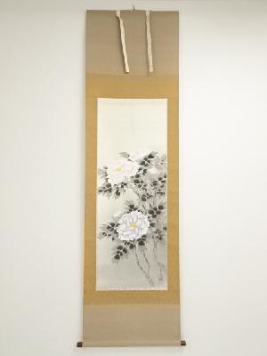 素山筆　牡丹　肉筆絹本掛軸（共箱）